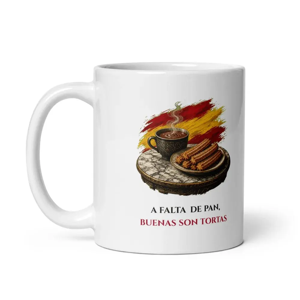 Chocolate con Churros · Frase — Taza — White — Handle on Left